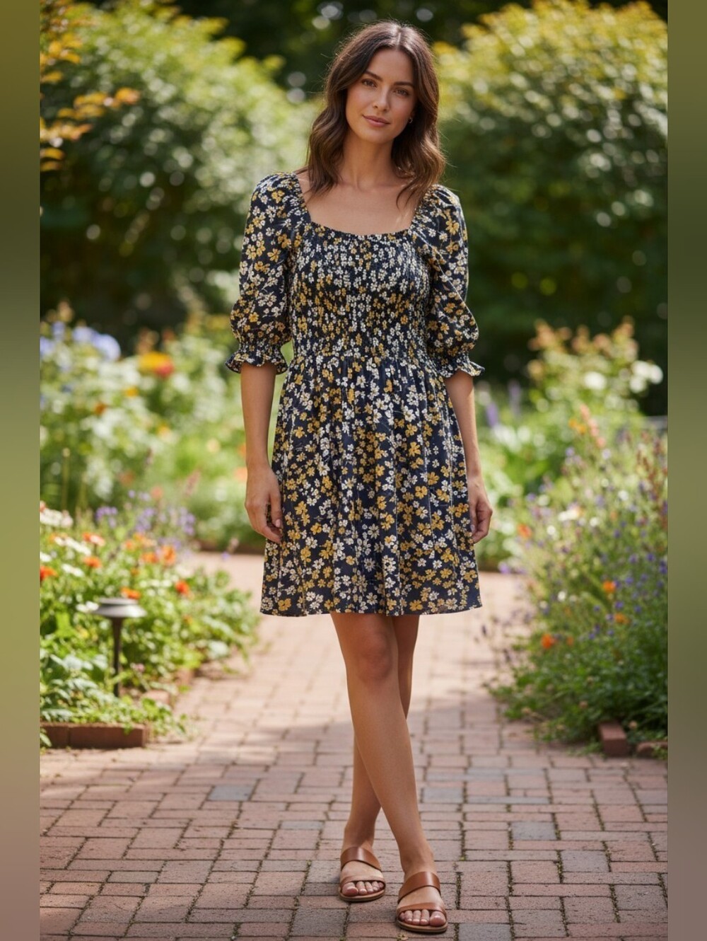 Draper James Jo Dee Navy Floral Smocked Dress Yellow Navy Fall Field Flowers New